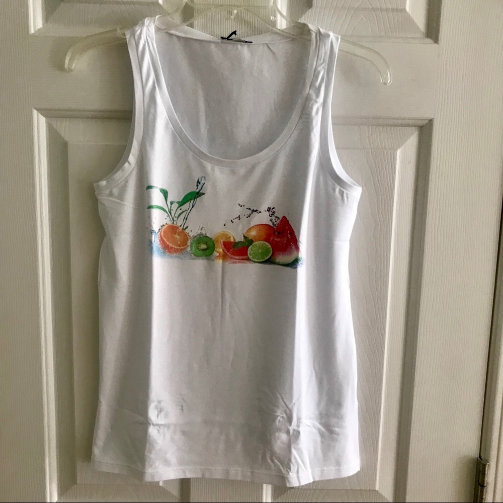 White lightweight tank top with colorful fruit